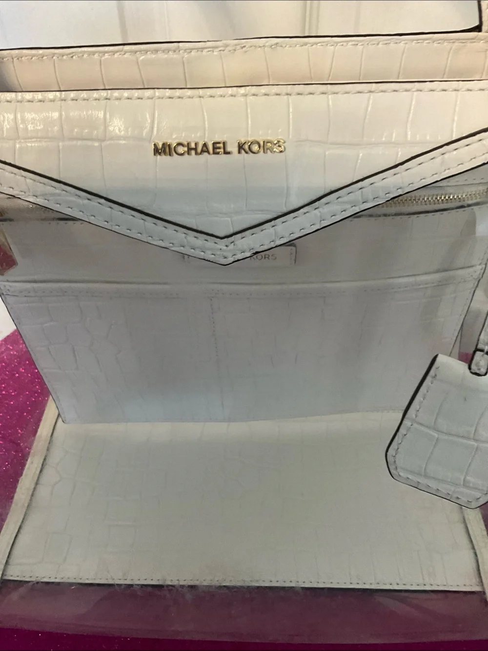 Michael Kors Clear Tote with White Croc-Texture Trim